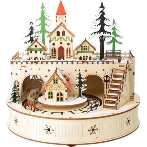 Boîte à musique de Noël en bois avec lumière LED chaude, affichage de table de scène de village 3D pour étagère de cheminée, de maison de vacances, maison de village musicale LED avec musique le (1/5)