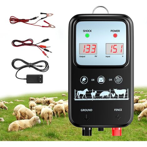 Électrificateur de clôture électrique 12 V 2 J, portée de 15 km IP44, isolateurs pour testeurs de clôture électrique, pour chevaux, bovins, porcs et chèvres, 3 modes d'alimentation (noir) (1/5)