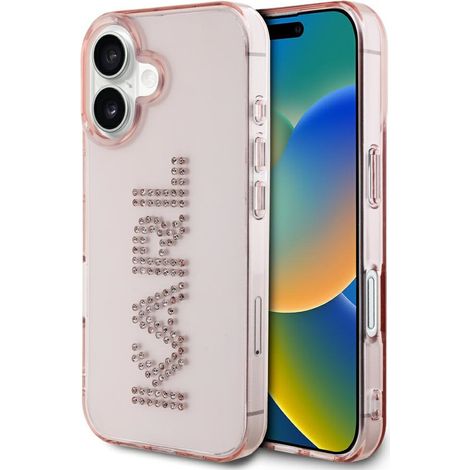 Funda Karl Lagerfeld IML con logo de diamantes de imitación para iPhone 16, color rosa. (1/5)