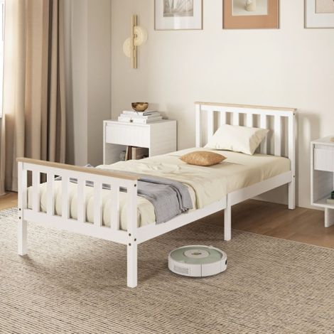 Cama individual 210x98x82 cm - Estructura de cama con almacenaje - Madera natural y blanco - Sin colchón (1/5)
