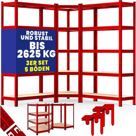 MONZANA® Set di 3 scaffali in metallo scaffalatura ad angolo 2625 kg 15 pannelli in MDF scaffale per magazzini cantine officina ad innesto Rot (de)