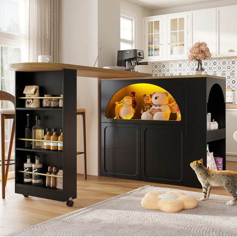 Bar extensible 205x39x100 cm en MDF noir, avec rangement, pour salon FloraGrace (1/5)
