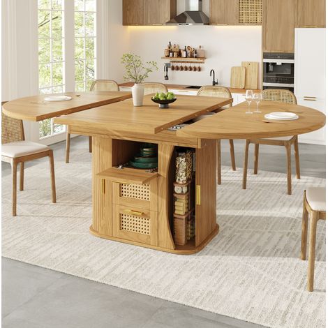 REDOM Mesa de comedor extensible (118x118x77.1 cm), con cajones efecto ratán, almacenamiento integrado, MDF, madera natural (1/5)