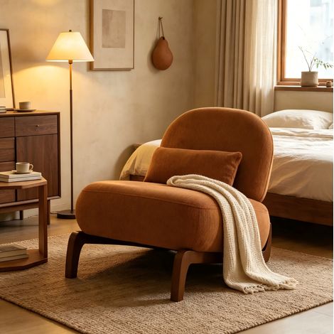 Sedia da lettura senza braccioli in velluto caramello con gambe in legno massello (1/5)
