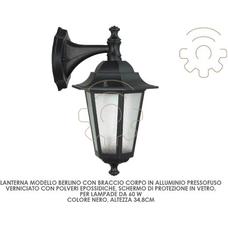 Lanterne Berlin avec bras 60W aluminium noir avec lampe de jardin en verre