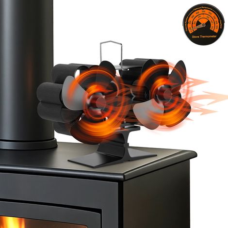Jiubiaz Ventilatore per stufa a doppia testa, 8 pale e 2 motori, alimentato dal calore, con termometro per stufe a legna (1/5)