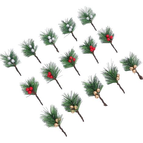 15 branches de houx artificielles rouges, argentées et dorées, idéales pour décorer les fêtes de fin d'année. (1/5)