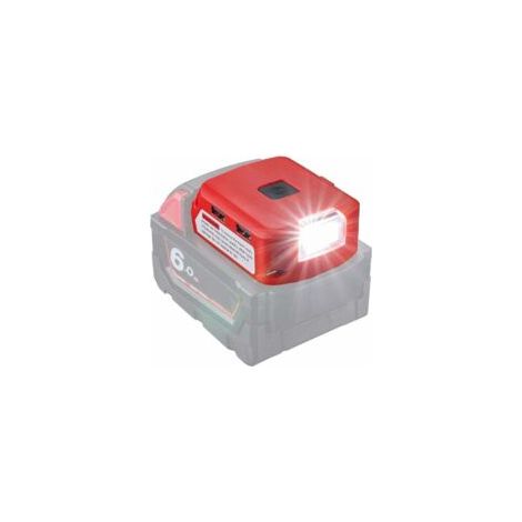 Akkuadapter für Milwaukee 18V-Akkus. Mit DC-Anschluss, LED-Arbeitsleuchte und zwei USB-Ladeanschlüssen. Netzteil kompatibel mit Milwaukee 49-24-2371 M18.