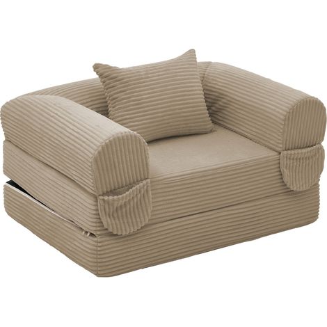 Fauteuil convertible 1 place en tissu côtelé marron, sans outil, avec coussin, gain de place pour salon, chambre, studio ou coin lecture - CHICFURN (1/5)