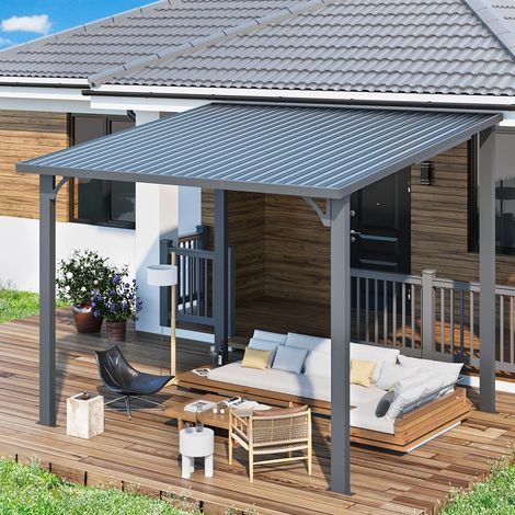 YODOLLA Pergola Adossée Steel 2.4 x 3m, Gazebo à Toit Rigide, Pergola Murale pour Terrasse Extérieur (1/5)