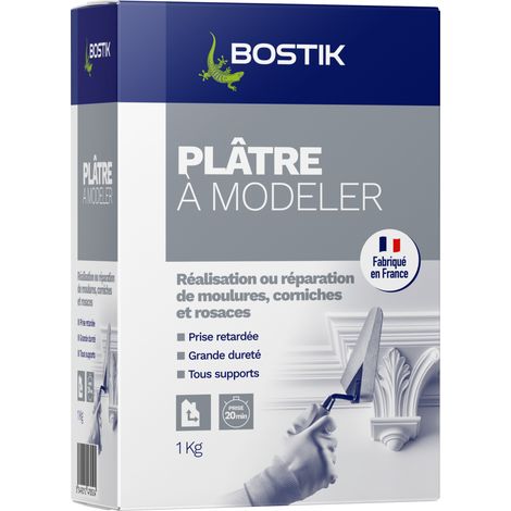 Bostik Plâtre à Modeler - Moulage et Décorations - Mur et Plafond - Intérieur - Prise Retardée 20 minutes - 1 Boîte Carton 1 kg, Blanc (1/4)