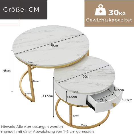 Runde Satztische 70x70x48 cm aus MDF, Weiß Hochglanz & Goldmetall – MEUBLIV (1/5)