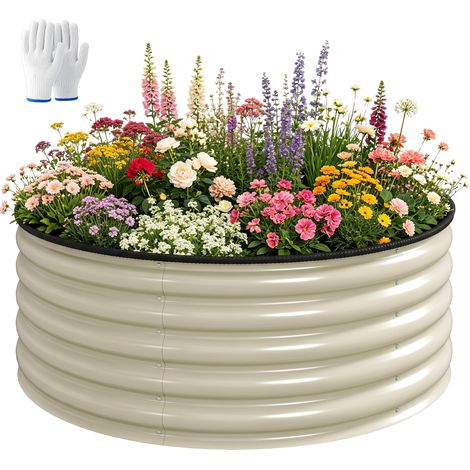 Cream White Galvanised Raised Garden Bed with Safety Edging and Gloves 120 x 120 x 43 cm (1/5)