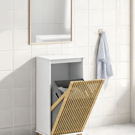 Meuble salle de bain blanc effet bois panier à linge basculant (1/5)