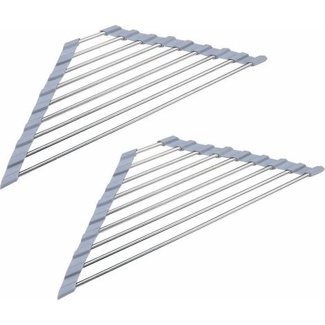 Lot de 2 égouttoirs en acier inoxydable pliables triangulaires pour évier de cuisine Gris, (1/5)