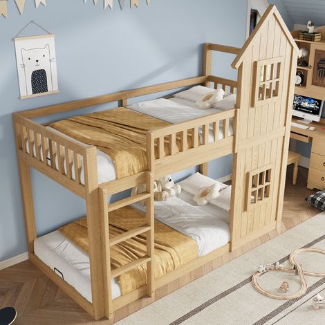 Cama alta infantil 90x200 cm con escalera, con barandilla de seguridad y ventanas, cama nido con diseño de casa, estructura de madera natural, sin colchón (1/5)