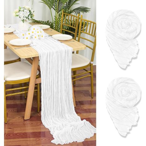 Lot de 2 chemins de table en gaze blanche, 55x300 cm, tissu rustique pour mariage. (1/5)
