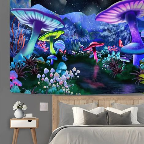 Tapisserie murale psychédélique Champignons Décoration murale Illusions Aesthetique Lune Paysage Hippie Trippy Mushrooms Décoration murale (130 x 150 cm) (1/5)
