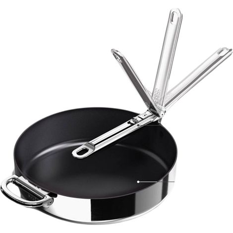 Space Steel, Joseph Joseph, Sartén de acero inoxidable de 28 cm (11”), sartén antiadherente, cocina saludable, mango plegable, apta para inducción, color acero inoxidable