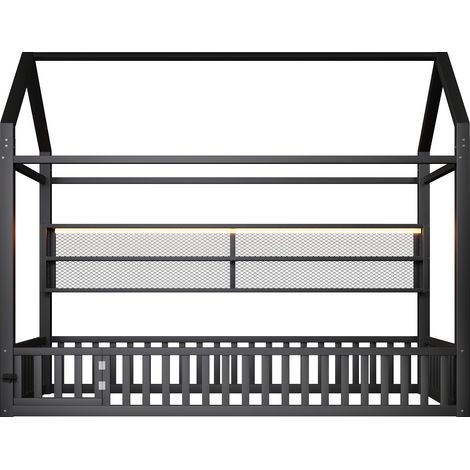Lit plateforme en forme de maison 90x200 avec barrière et éclairage LED, noir (1/5)