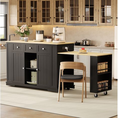 Isla de cocina 138x55x93 cm, mesa extensible, enchufes y USB, almacenaje con ruedas, MDF negro y natural (1/5)