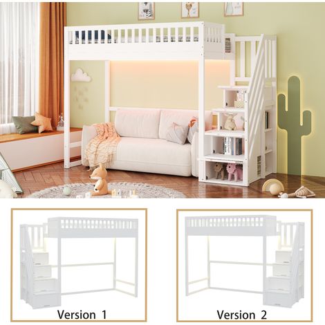Lit mezzanine / lit superposé enfant, chambre enfant, rangement intégré, sécurité, bois de pin, éclairage LED, échelle / escalier, garde-corps de sécurité, sécurité enfant, 90x... (1/5)