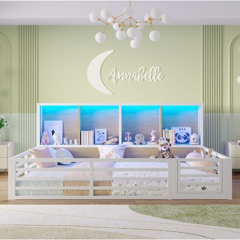 Lit plateforme 140x200 cm blanc en MDF et métal avec rangements, barrière de sécurité et LED (1/5)
