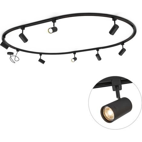 Modern Track Lighting System with 8 Black Spotlights, 1-Phase, Oval, 200cm - Iconic Jeana