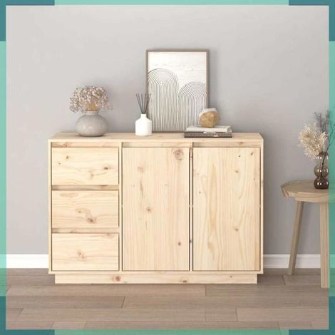 Buffet - 813804 - Pin massif non traité - 2 portes 3 tiroirs - 111 x 34 x 75 cm (1/5)