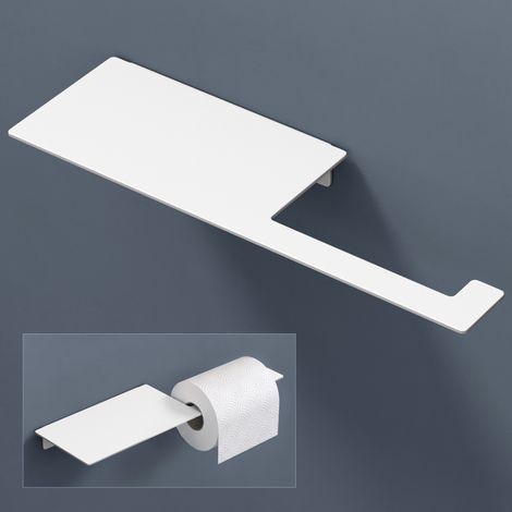 doporro Toilettenpapierhalter Kleben mit Ablage, Klopapierhalter ohne Bohren & mit Bohren, Klorollenhalter für Badezimmer, Elegante und Langlebige, Matt Weiß Lino-01