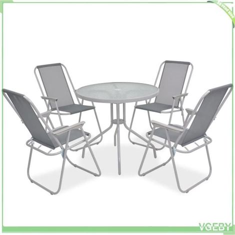 Ensemble à manger d'extérieur - FAFEICY - 43785 - Acier & textilène - 4 chaises, table et parasol - Gris (1/5)