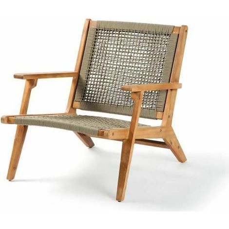 Fauteuil bas en bois dAcacia FSC et en resine tressee - 1 personne - Merida - Vert olive (1/5)