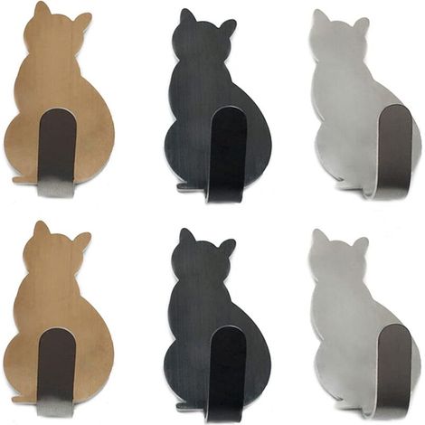 Lot de 6 crochets porte-serviettes en acier inoxydable pour petits chats, crochets muraux décoratifs pour la maison, la cuisine, la salle de bain, le rangement du bureau, sans clous (1/5)