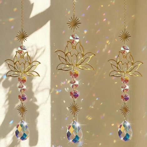 Attrape Soleil,3 Pièces Suncatcher,Attrape-Soleil en Cristal,Décoration de Fenêtre à Suspendre,Attrape-Soleil en Forme de Fleur de Lotus avec Prisme en Cristal,pour la Maison,Bureau