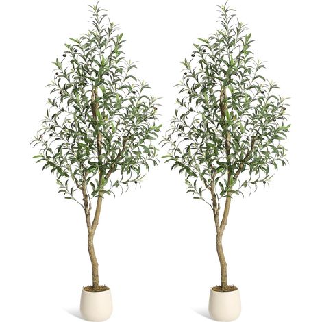 Lot de 2 Oliviers Artificiels Réalistes 180cm pour Décoration Intérieure, Plantes Décoratives avec Tronc Bois Naturel, Fruits et Pots Blancs, Idéal Maison, Bureau, Salon (1/5)