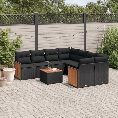 Ensemble Salon Jardin 9 Places Noir Résine Tressée avec Table Acacia et Coussins Lavables - Stockage Intégré (1/3)