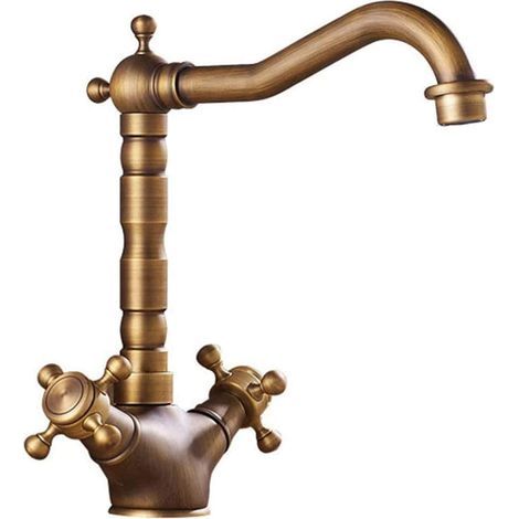 Robinet de lavabo 2 poignées rotatif à 360°, finition bronze antique, corps en laiton, eau chaude et froide, mitigeur vintage pour salle de bain et cuisine (1/5)