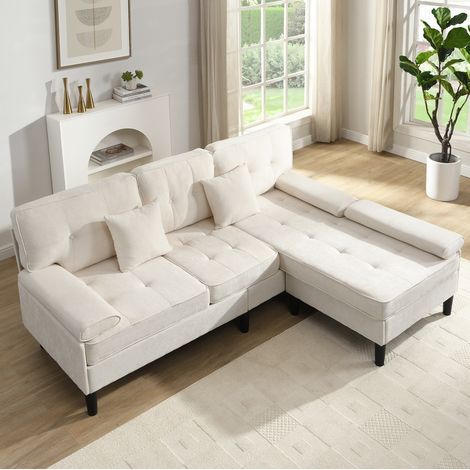 Divano angolare modulare 3 posti con chaise longue reversibile in ciniglia beige chiaro OKMYHOME (1/5)