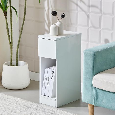 Slim Bedside Table Bedroom Nightstand with Open Shelf & Drawer, Narrow End Table Sofa Side Table for Living Room, Compact Wooden Lamp Table Telephone Table for Home Office, High Gloss White (1/5)