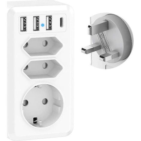 7-in-1-Reiseadapter mit 3 USB-Anschlüssen und 1 USB-C-Anschluss – Steckeradapter für Dubai, Malaysia und Irland (Typ G) (1/5)