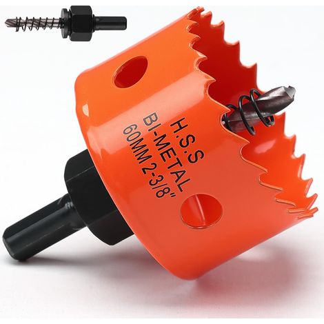 Scie cloche - 60 mm - Orange - Acier rapide HSS M42 bi-métal - Scie cloche avec tige hexagonale et foret avec profondeur de coupe de 30 mm - Pour bois, construction sèche et tôle métallique (1/5)