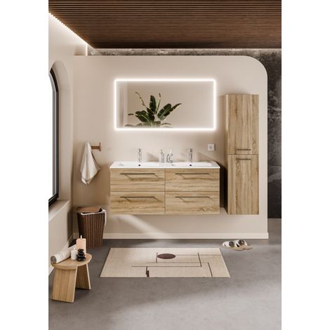 Sanitaire – Meuble double vasque suspendu 120 cm – Bois clair avec 4 tiroirs – Miroir LED antibuée 120 cm – Ensemble de meubles de salle de bain (1/5)