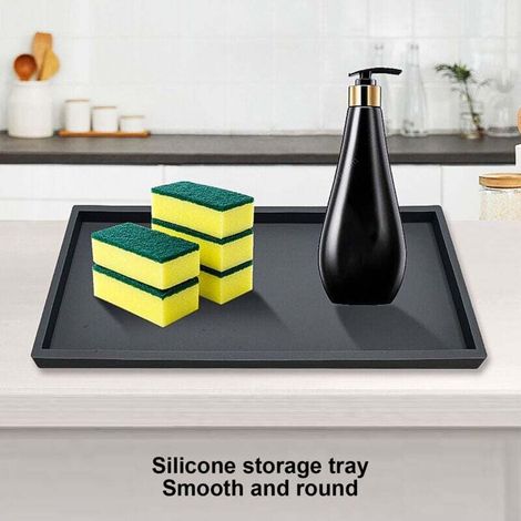 Plateau décoratif de salle de bain, noir, silicone, rectangulaire, plateau décoratif, plateau de salle de bain, adapté à la salle de bain, cuisine, salon, commode, clés, cosmétiques, anneau, plateau d (1/4)