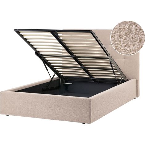 Ottoman Bed Beige Boucle Upholstery EU Small Double Size Headboard Storage Function Modern Design LORIENT