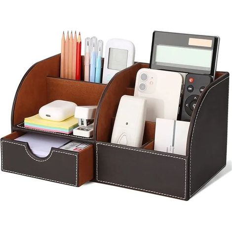 Rangement de Bureau en Cuir Pot à Crayons Porte-Stylo Peu Encombrant, 7 Compartiments , Agrafeuses, Dossiers, Notes Autocollantes (1/4)