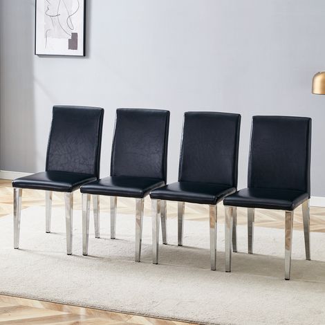 Set 4 chaises salle à manger design noir argenté, style luxe européen minimaliste, similicuir PU noir mat + pieds métal argent, idéal salle à manger moderne, salon contemporain. (1/5)