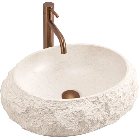 REA – Vasque à poser beige 60cm – Composite pierre artificielle – Intérieur poli pour circulation d'eau optimale – Installation sur meuble