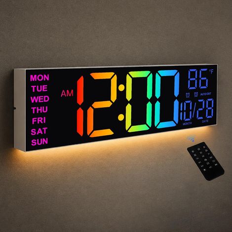 Digital Wall Clock 8 Colors Large 41.2cm Digital Clock with Temperature, Date, Automatic Daylight Time, Night Light, Automatic Dimmer, Wall Clock 24/12 (1/5)