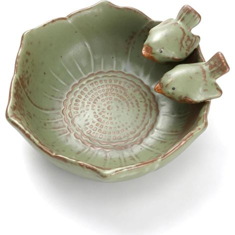 Bain Oiseaux Céramique - 1 Unité - Vert Vintage - Résistant Au Gel - Jardin Terrasse - 15x5 Cm (1/5)