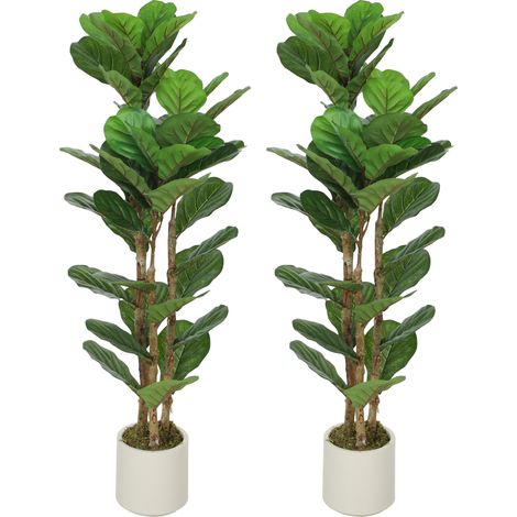 Lot de 2 plantes artificielles 120 cm - Figuier lyre avec pot en plastique et tronc en bois massif, une solution verte et design pour votre salon (1/5)